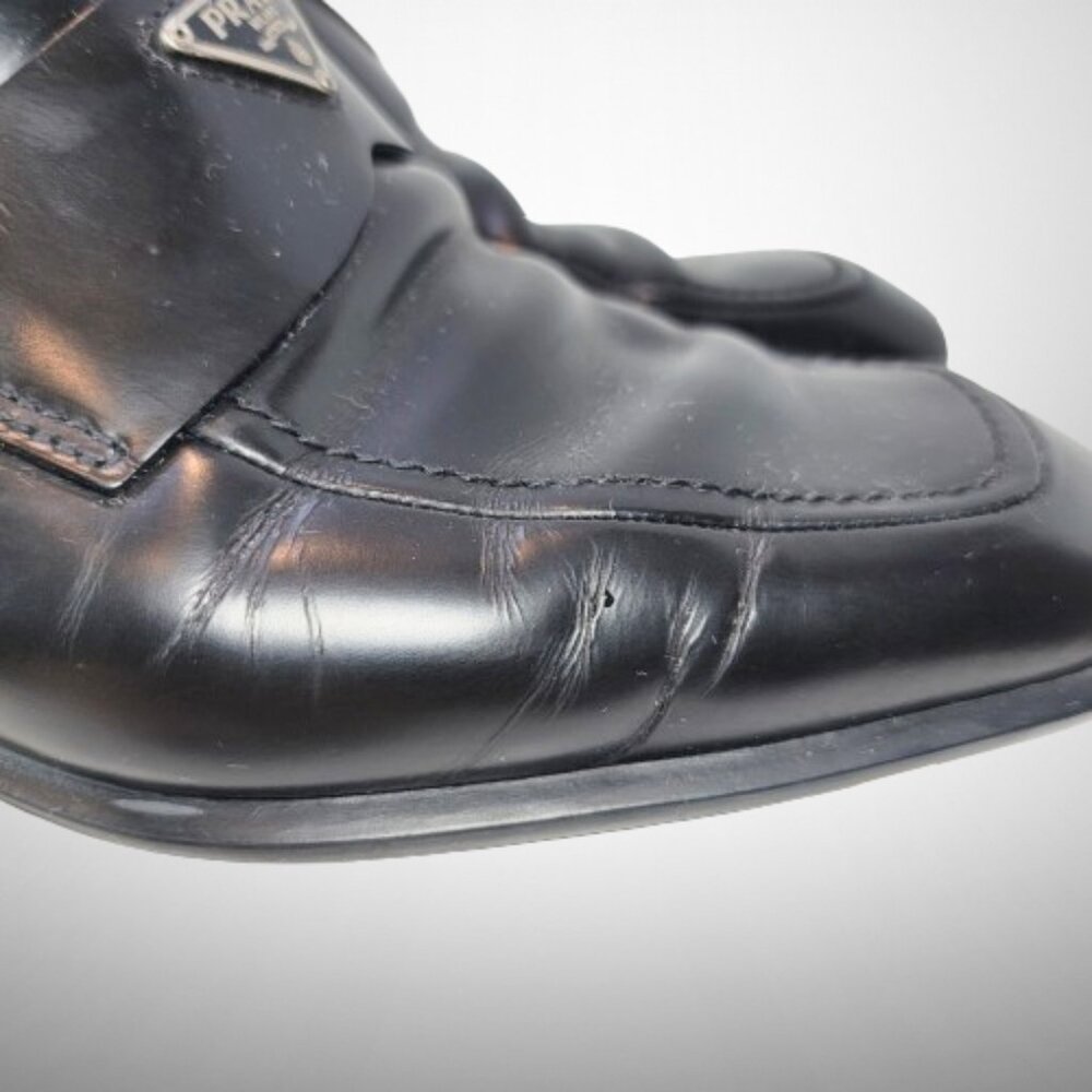 FAIR CONDITION Prada Brushed Leather Triangle Logo Loafers Size: 8.5 - Picture 14 of 16
